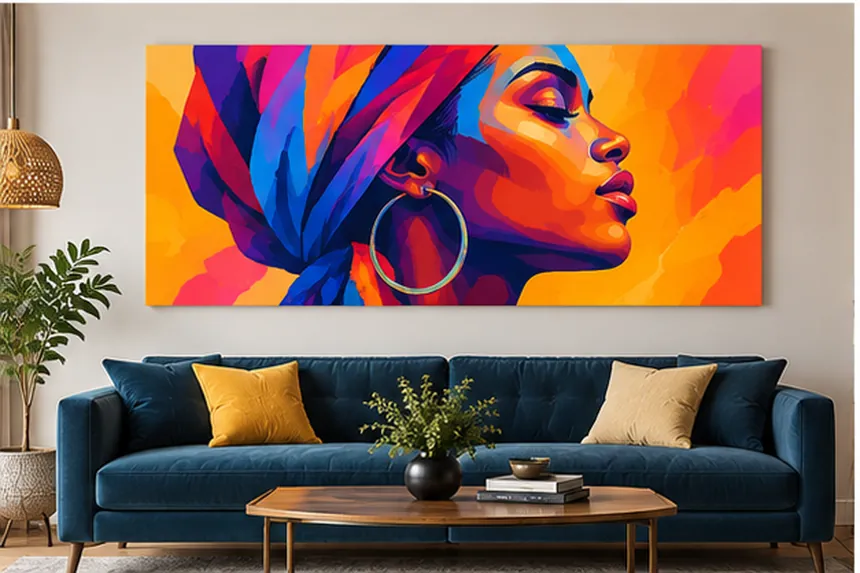 Portrait pop-art d’un visage au foulard coloré