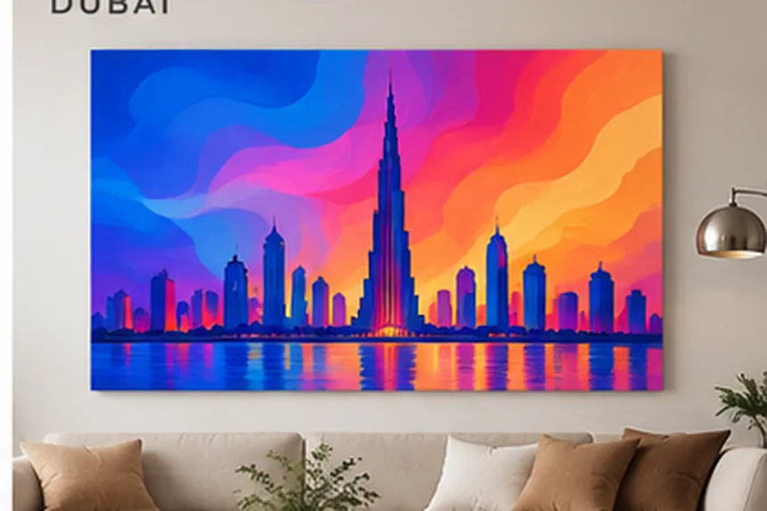 Salon crème, panneau imprimé du skyline de Dubaï