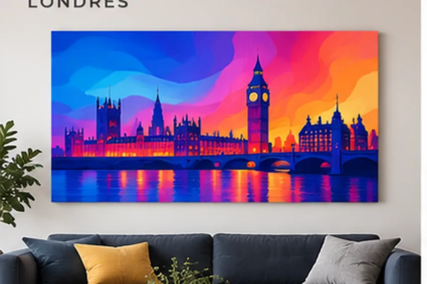Canapé bleu nuit, panneau imprimé de Londres et Big Ben