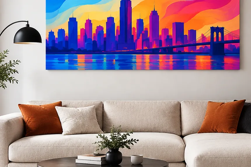 Salon contemporain, panneau imprimé du skyline de New York