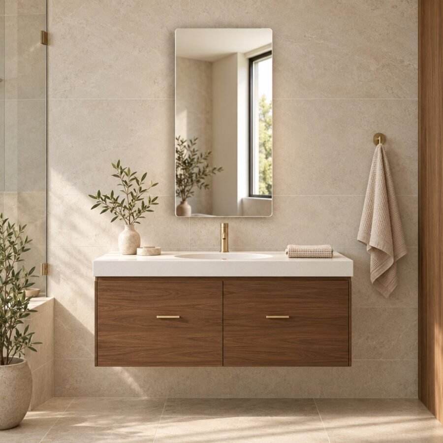 Miroir chauffant infrarouge 500 W posé au-dessus d'un meuble vasque en salle de bain