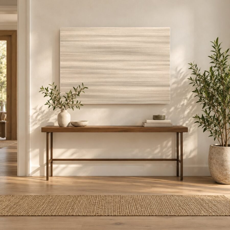 Panneau décoratif effet pierre 600 W au-dessus d'une console dans une entrée