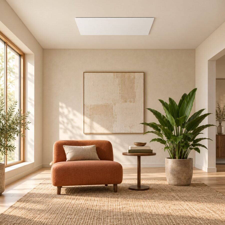 Panneau plafond Invisible 700 W installé au plafond d'un séjour