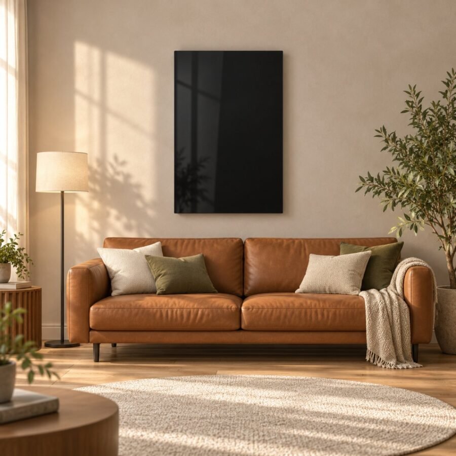 Panneau infrarouge verre Noir Profond 600 W au-dessus d'un canapé en cuir